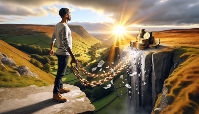 Debt Forgiveness: Person on cliff in UK, relieved as debt chains break, sunrise lights path to financial freedom.