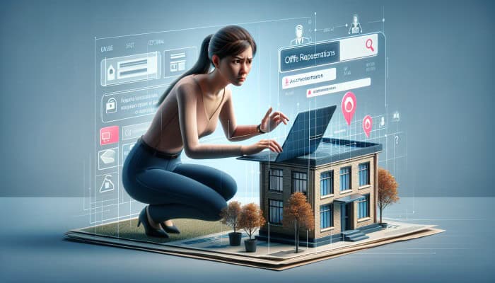 How to Avoid Debt Consolidation Scams: A UK Guide | DCL A person skeptically verifying a company's address and phone number on a laptop, with virtual and real office settings.