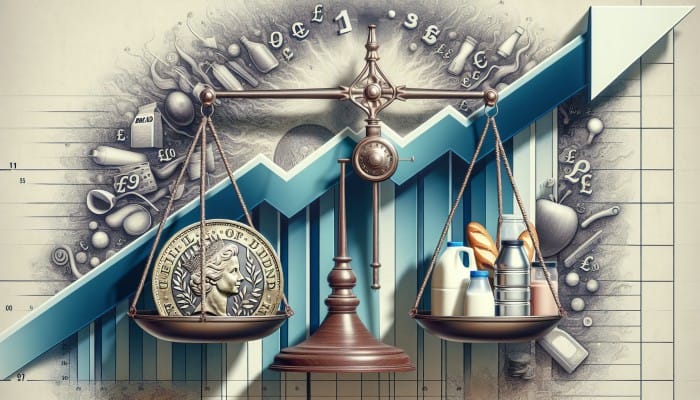 How Inflation Impacts Debt Consolidation Loans: A Guide | DCL How Inflation Impacts Debt Consolidation Loans: A scale with a British pound coin and rising prices, symbolizing inflation's effect on UK purchasing power.
