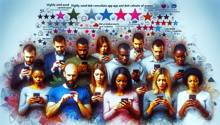 Best Apps for Managing Debt Consolidation: A Guide | DCL UK users on smartphones reviewing and discussing debt consolidation app ratings on App Store and Google Play.