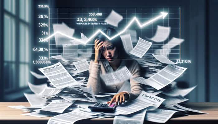 Debt Consolidation Loan Myths Beginners Believe | DCL Debt Consolidation Loan Myths: Person at desk, overwhelmed by loan documents, comparing interest rates on calculator with fluctuating rate chart.