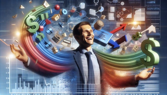 Debunking Debt Consolidation Horror Stories: UK Myths Busted | DCL Debunking Debt Consolidation Horror Stories: Person in the UK smiling, consolidating debts into one loan, symbolized by merging colorful streams into a clear river, with financial charts.