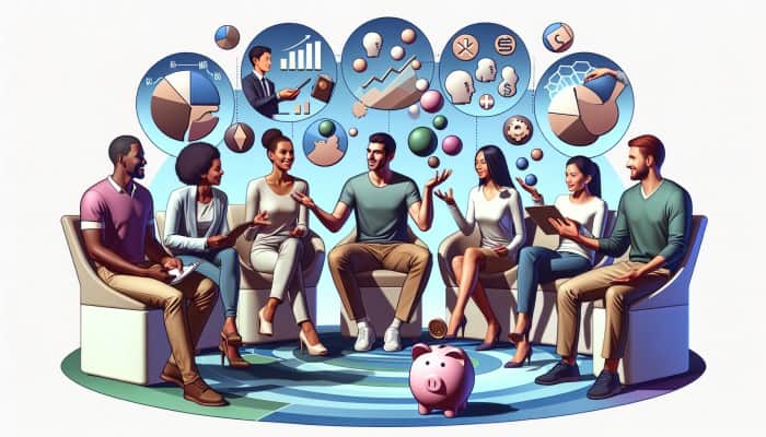 Debunking Debt Consolidation Horror Stories: UK Myths Busted | DCL A diverse group discussing debt consolidation strategies and pitfalls in a supportive therapy setting with educational visuals.