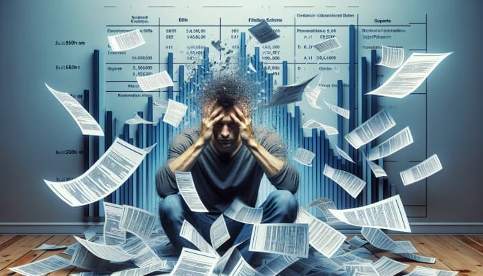Risks of Long-Term Debt Consolidation Loans: Key Concerns | DCL Risks of Long-Term Debt Consolidation Loans: A distressed person amidst scattered bills and a falling credit score graph, illustrating missed payments' impact.