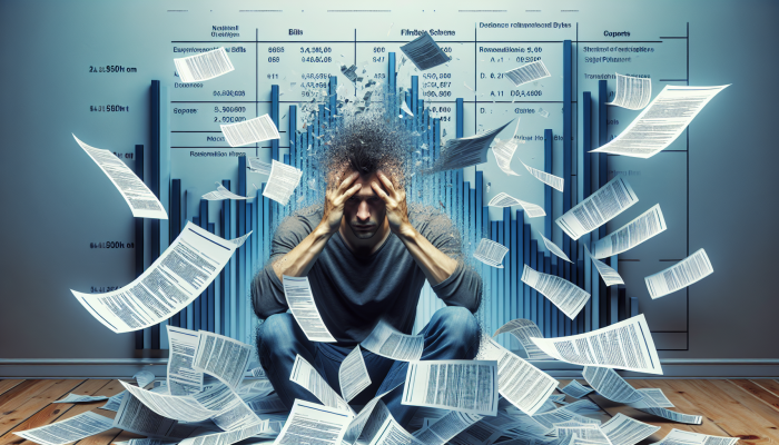 Risks of Long-Term Debt Consolidation Loans: Key Concerns | DCL A distressed person amidst scattered bills and a falling credit score graph, illustrating missed payments' impact.