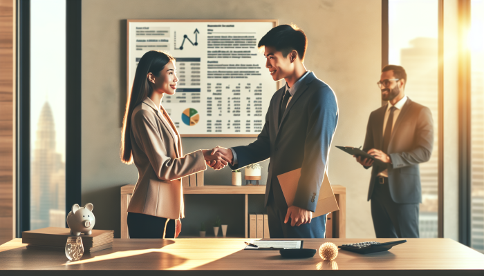 Debt Consolidation Loans for Unemployed People: A Guide | DCL A hopeful unemployed person, lender, and supportive guarantor shaking hands in a warmly lit office with financial documents.