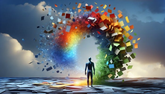 Debt Consolidation Journeys Shared on X: Real Stories and Tips | DCL A serene person consolidating colorful debt documents into a single, glowing folder under a hopeful sky.