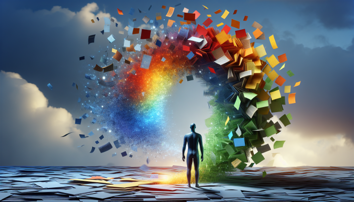 Debt Consolidation Journeys Shared on X: Real Stories and Tips | DCL A serene person consolidating colorful debt documents into a single, glowing folder under a hopeful sky.