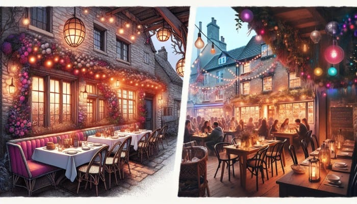 How to Celebrate Debt Consolidation Milestones: A Guide | DCL How to Celebrate Debt Consolidation Milestones: A cozy Cotswolds bistro and a vibrant Soho eatery, both filled with celebrating guests.