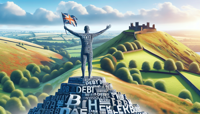 Person celebrating debt consolidation on a scenic UK hill with historical ruins and lush nature.