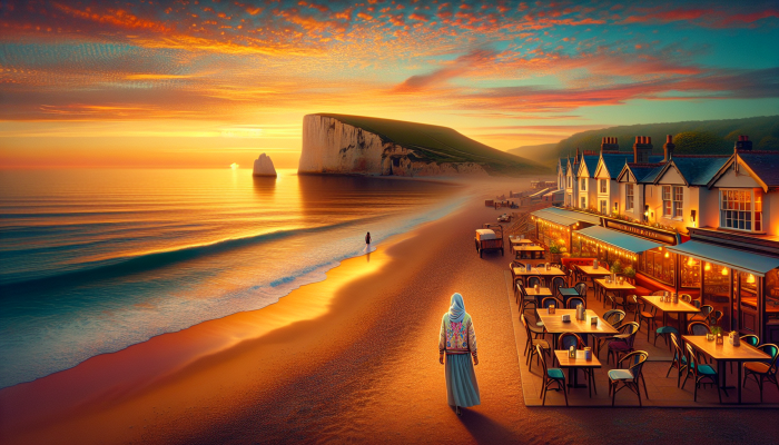 A serene UK coastal sunset scene with a person walking, cafes, and distant cliffs, celebrating relaxation.