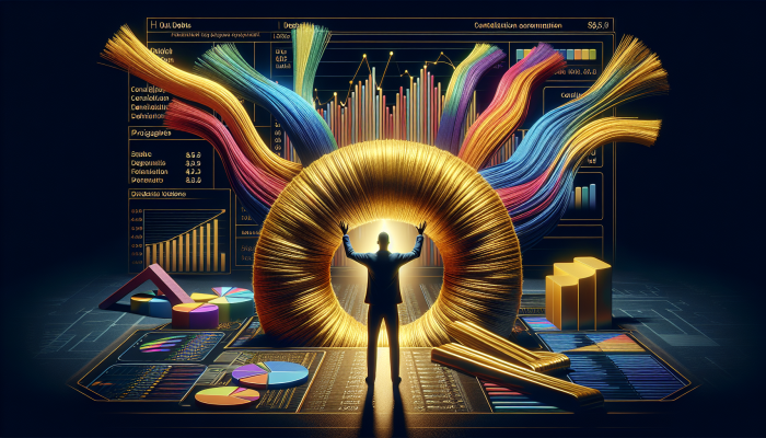 Debt Consolidation And Self-Esteem Recovery: A Guide to Financial Wellness | DCL Debt Consolidation And Self-Esteem Recovery: A person consolidates debts into one loan, symbolized by merging colorful threads into a golden thread, with financial charts.
