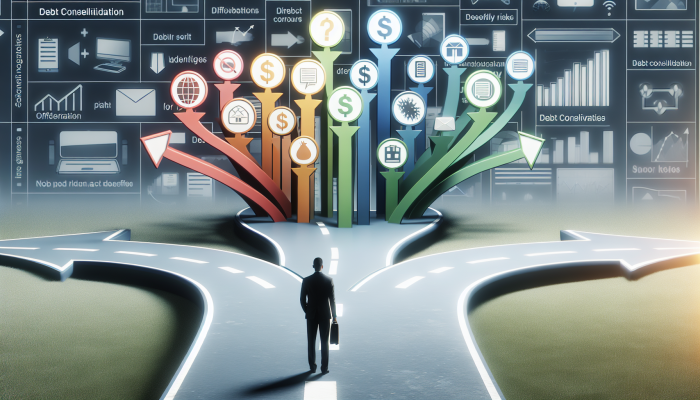 Debt Consolidation for People with No Experience: A Beginner's Guide | DCL A person at a crossroads with signposts showing different debt consolidation loan types and their attributes.