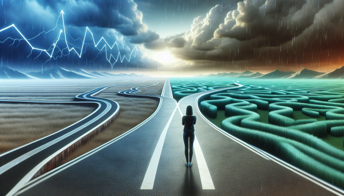 Advanced Debt Consolidation Loan Terms to Know: A person choosing between a stable fixed rate path and a fluctuating variable rate trail.