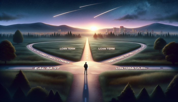 A person at a crossroads choosing between loan term lengths under a twilight sky with city skyline.