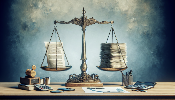 A scale on a financial advisor's desk balancing short-term and long-term loan documents with charts.