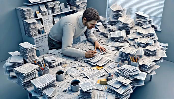 First Steps to Consolidate Your Debt: A person organizing financial documents on a cluttered desk with a focused expression.