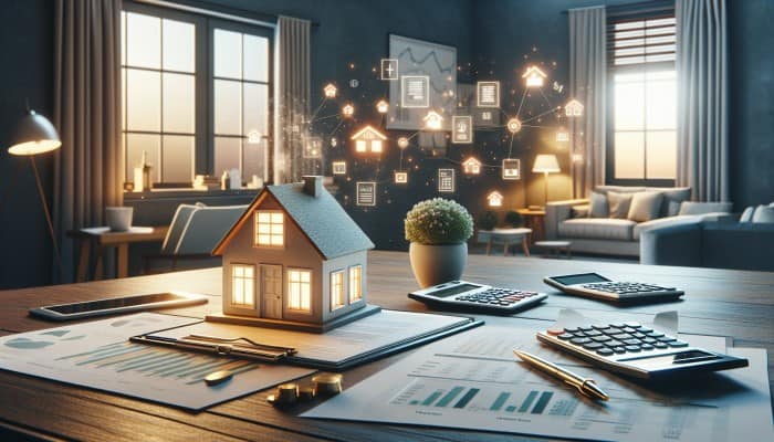 A serene home interior with financial documents and a model house on a desk, representing home equity for debt consolidation.