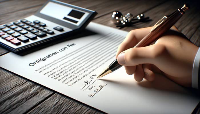 Debt Consolidation Loan Origination Fees Explained: | DCL Debt Consolidation Loan Origination Fees Explained: Hand signing loan document, calculator displays £300 origination fee on £10,000 loan.