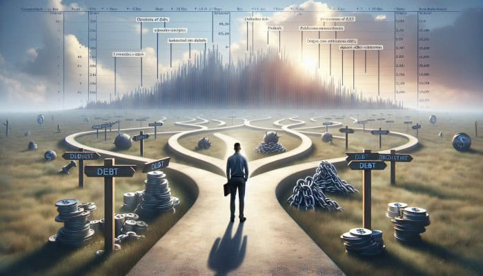 Debt Consolidation Loans for Non-Residents: A Comprehensive Guide | DCL Debt Consolidation Loans for Non-Residents: A person at crossroads with multiple debt paths merging into one clear path, financial graphs, serene sky.
