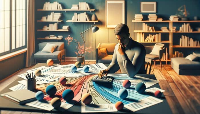 Debt Consolidation Loan Income Requirements: A Guide | DCL Person calculating debt-to-income ratio in a cozy home office, surrounded by financial documents and graphs.