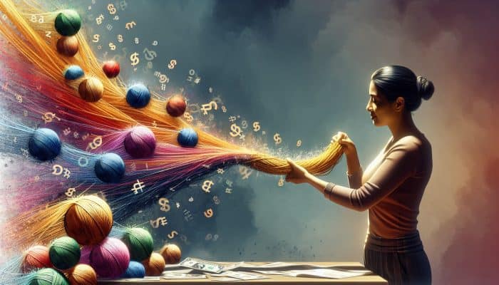 debt consolidation wins for small business owners | DCL debt consolidation wins for small business owners: A small business owner consolidating debts into one loan, symbolized by merging threads into a golden thread.
