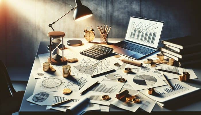 debt consolidation wins for small business owners | DCL Financial statements, revenue and expense graphs, and a laptop with a debt consolidation loan application on a cluttered desk in an office.