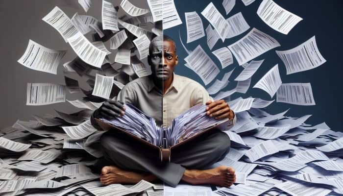 Understanding Debt Consolidation Terms for Newbies: A person consolidating multiple bills into one folder, symbolizing debt consolidation and financial relief.