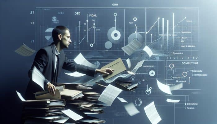 Best Ways to Manage a Consolidation Loan: A person organizing bills into a folder, symbolizing debt consolidation, with financial charts in the background.