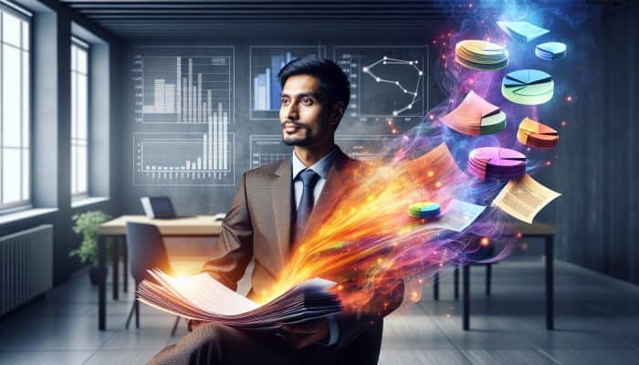 How Debt Consolidation Changes Your Credit Profile: A person merging colorful debt papers into one lighter loan document, symbolizing debt consolidation in an office.