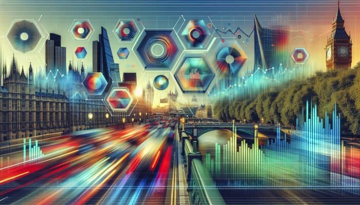 Free Tools to Track Your Debt Consolidation Progress: A modern dashboard showing real-time financial data with graphs and charts, set in a bustling UK city.