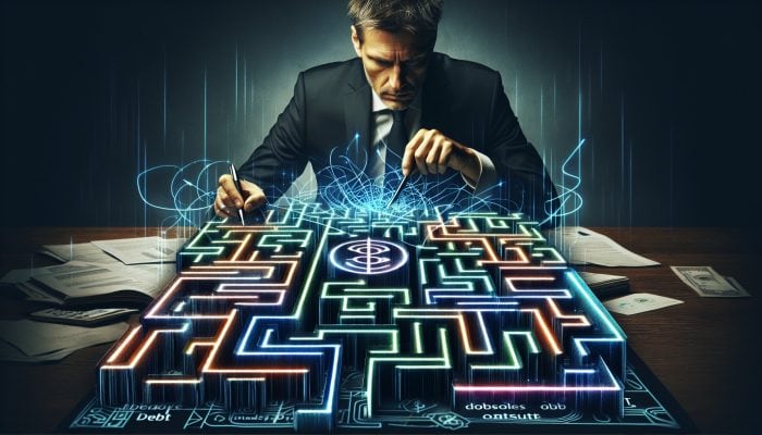 Debt Consolidation Loans vs Debt Settlement: A person analyzing financial documents and charts, navigating a maze of debt settlement strategies.