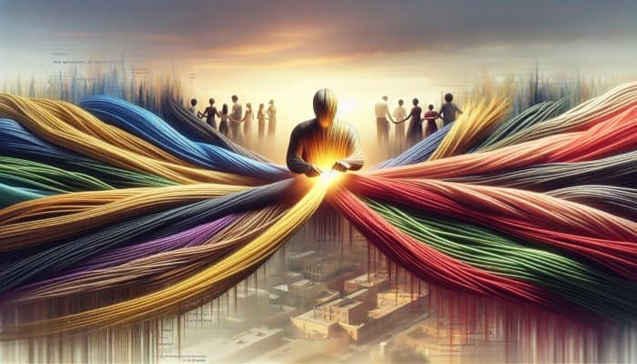 Printable Debt Consolidation Planning Worksheets | DCL Printable Debt Consolidation Planning Worksheets: Person consolidating debts into one loan, symbolized by merging colorful threads into a golden thread, with financial charts.