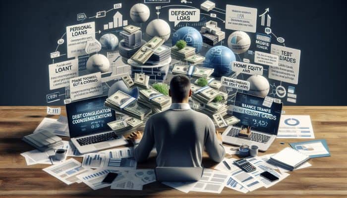 Low-Cost Debt Consolidation Loan Options: Person at desk comparing debt consolidation loans with financial documents and laptop.
