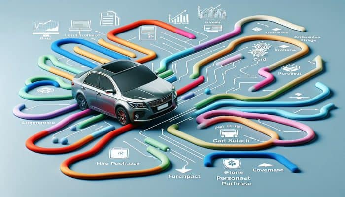 Debt Consolidation for Auto Loan Debt: Diverse auto loan options like hire purchase and PCP shown as colorful paths to car ownership.