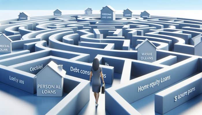 Debt Consolidation Loan Success Timelines: Person navigating maze of debt consolidation loans in UK, labeled paths under clear sky.