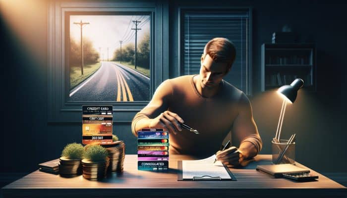 Debt Consolidation for Credit Card Debt: A person consolidating multiple credit card debts into one loan, symbolizing financial strategy and relief.