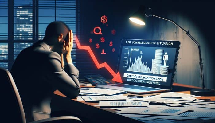 Challenges of Debt Consolidation with Bad Credit: Person worriedly viewing descending credit score graph on laptop amidst debt consolidation documents in dim office.