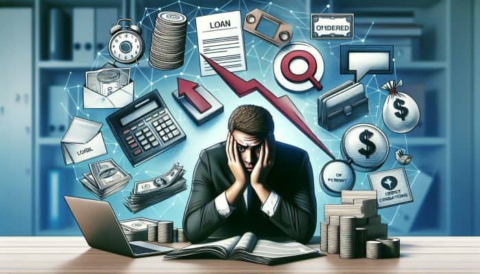 A person reviewing financial documents and loan offers at a desk, concerned about high interest rates and low credit score.