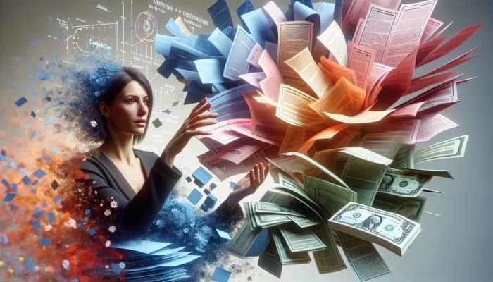Debt Consolidation Loans vs Home Equity Loans: Person merging chaotic debt papers into one organized loan document, symbolizing financial clarity through debt consolidation.