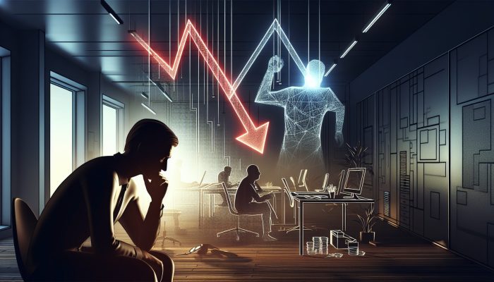 A person anxiously watches a falling credit score graph in a tense office, with a shadowy figure in the background.