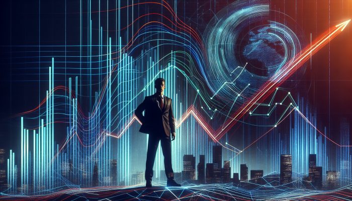 A person confidently stands before a chart showing debt consolidation into a single, downward-trending line in 2025.