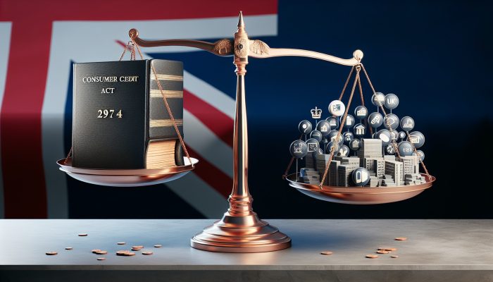 UK flag on balanced scale with 1974 Act and new regulations for consumer protection in debt consolidation.