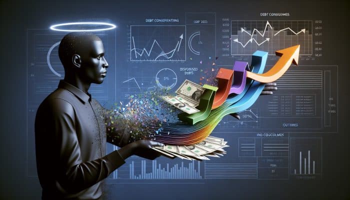 Debt Consolidation Loans for Excellent Credit: A person merging colorful debt papers into one silver loan document, with financial charts showing reduced interest rates and improved cash flow.