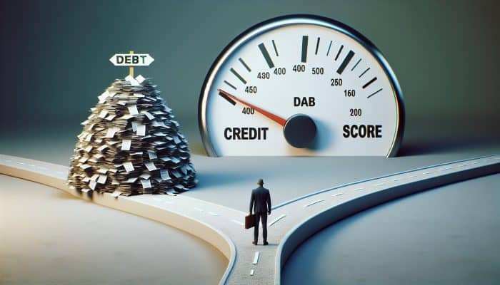 A person at a crossroads choosing between a stack of bills and a single loan document, with a credit score gauge.