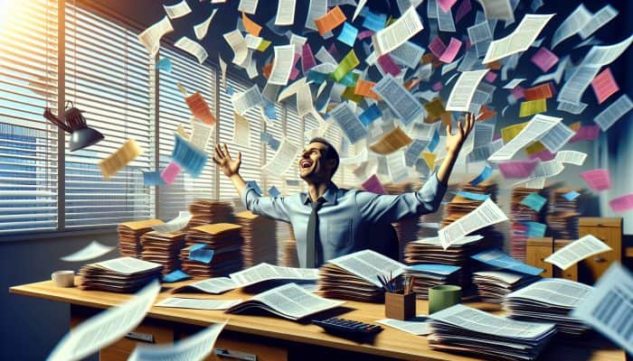 Debt Consolidation Loans and Late Payment Fees: Person consolidating chaotic debt papers into one orderly document, symbolizing financial relief and simplification.