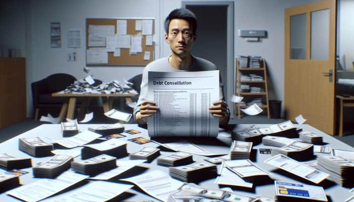 Debt Consolidation and Credit Report Errors: Person in the UK consolidating various bills and credit cards into one loan document, looking relieved.