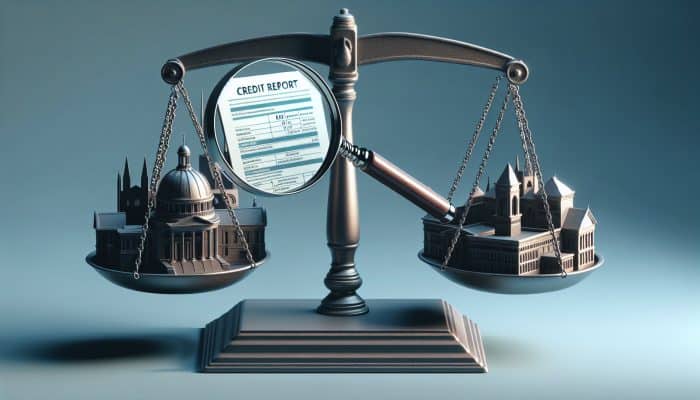 How Credit Inquiries Affect Consolidation Loans: A scale with a credit report and magnifying glass, UK financial backdrop, symbolizing credit inquiries' impact on scores and borrowing.