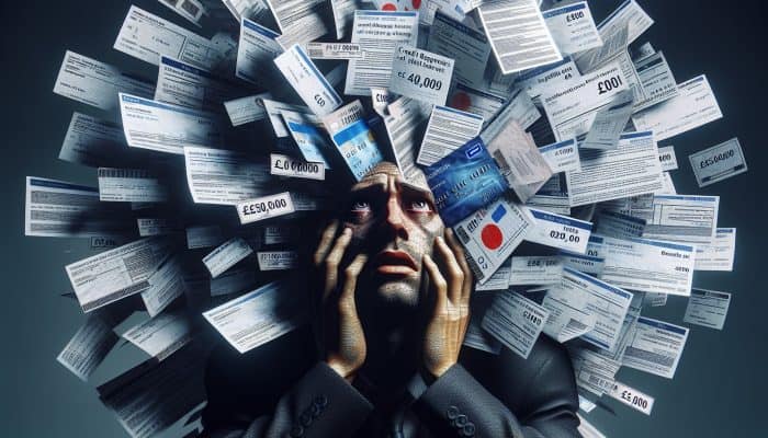 Person surrounded by financial documents, showing stress and determination to address £50,000 debt.