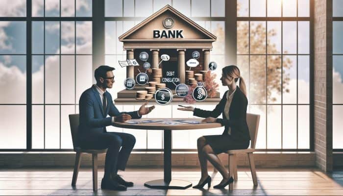 Local vs National Debt Consolidation Lenders: A local bank in a small town where a friendly lender discusses personalized debt consolidation plans with a community member in a warm, supportive environment.